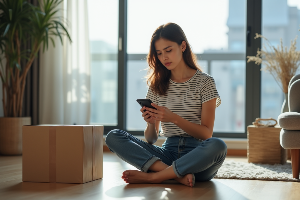 Jeune femme assise sur le sol avec colis dans un salon moderne