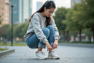 Jeune femme en jeans et sweat nouant ses sneakers en ville