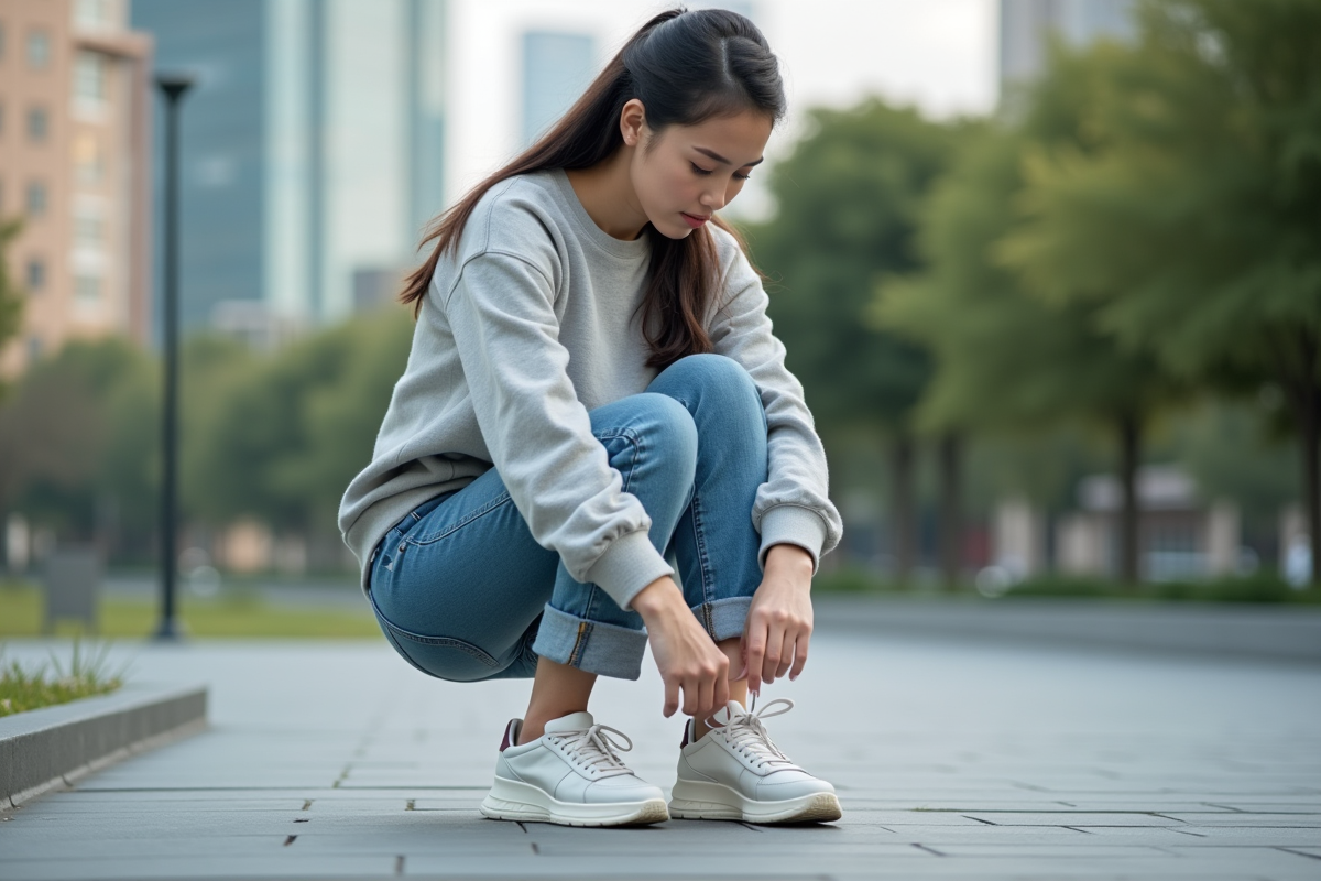 Jeune femme en jeans et sweat nouant ses sneakers en ville