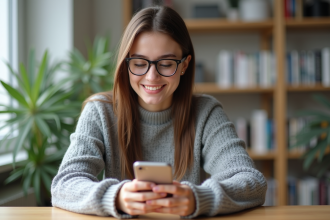 Jeune femme souriante essayant des lunettes avec une application