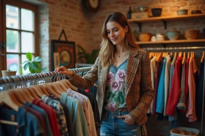 Jeune femme souriante dans une friperie vintage à Strasbourg