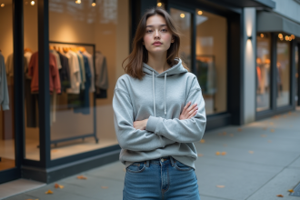 Jeune femme debout devant une boutique moderne en ville