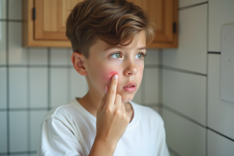 Garçon adolescent examinant une bosse rouge sur la joue
