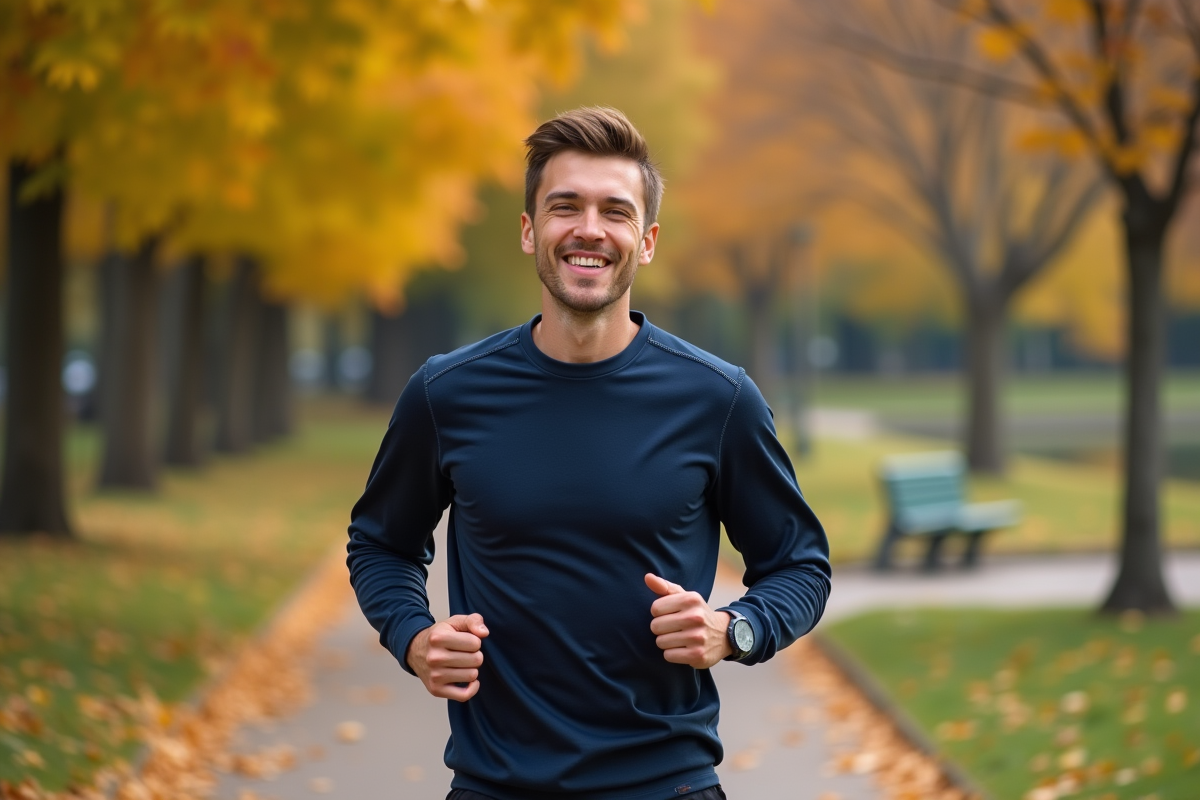 Jeune homme courant dans un parc automnal avec des feuilles