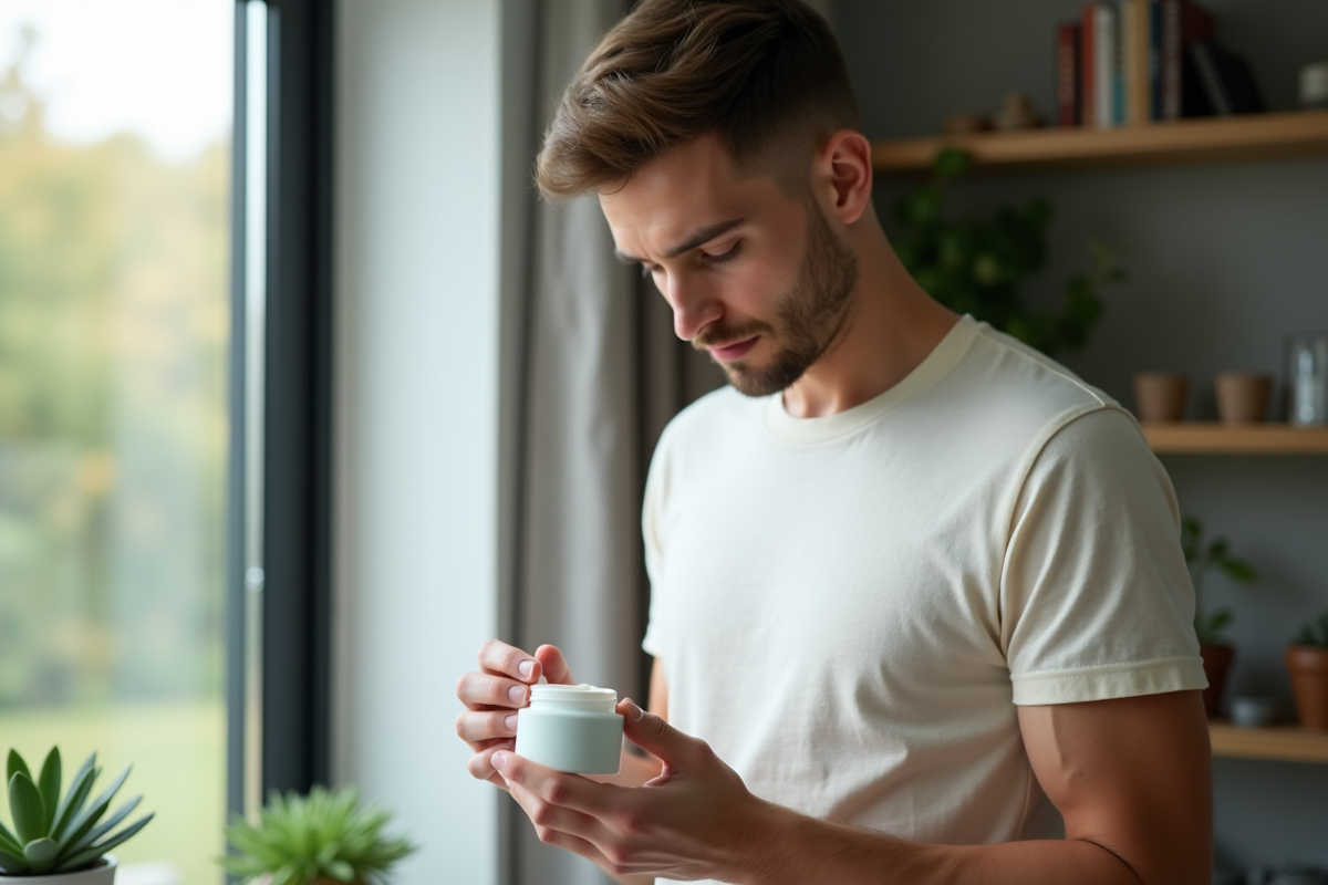 Jeune homme examinant une creme visage dans un salon moderne