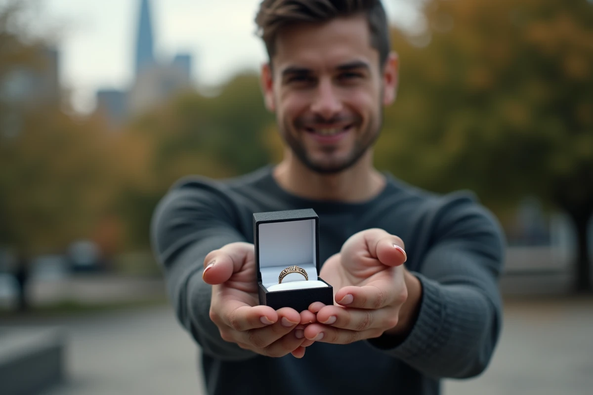 Jeune homme tenant une bague gravée en extérieur