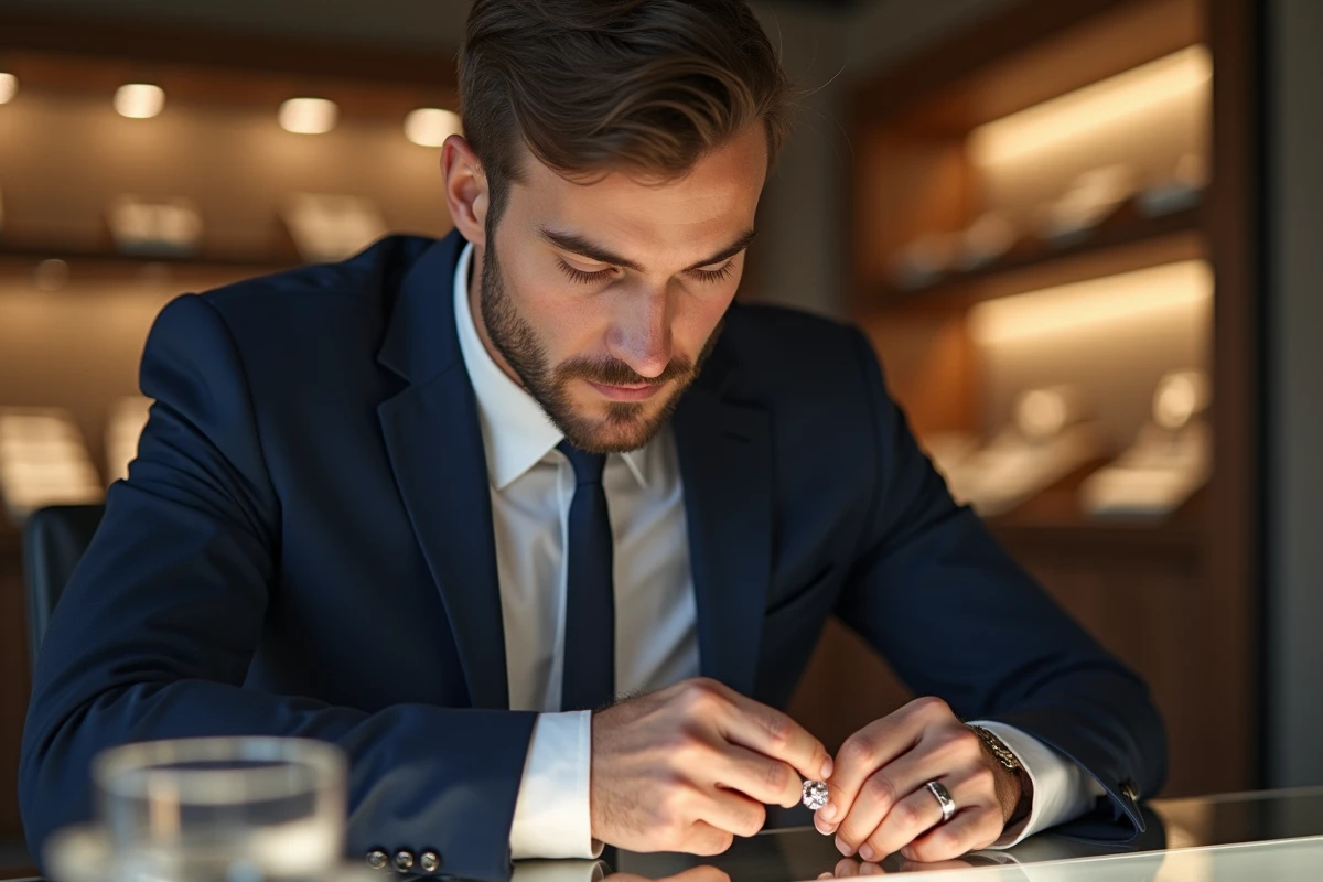 Jeune homme professionnel inspectant un diamant avec une loupe dans une bijouterie