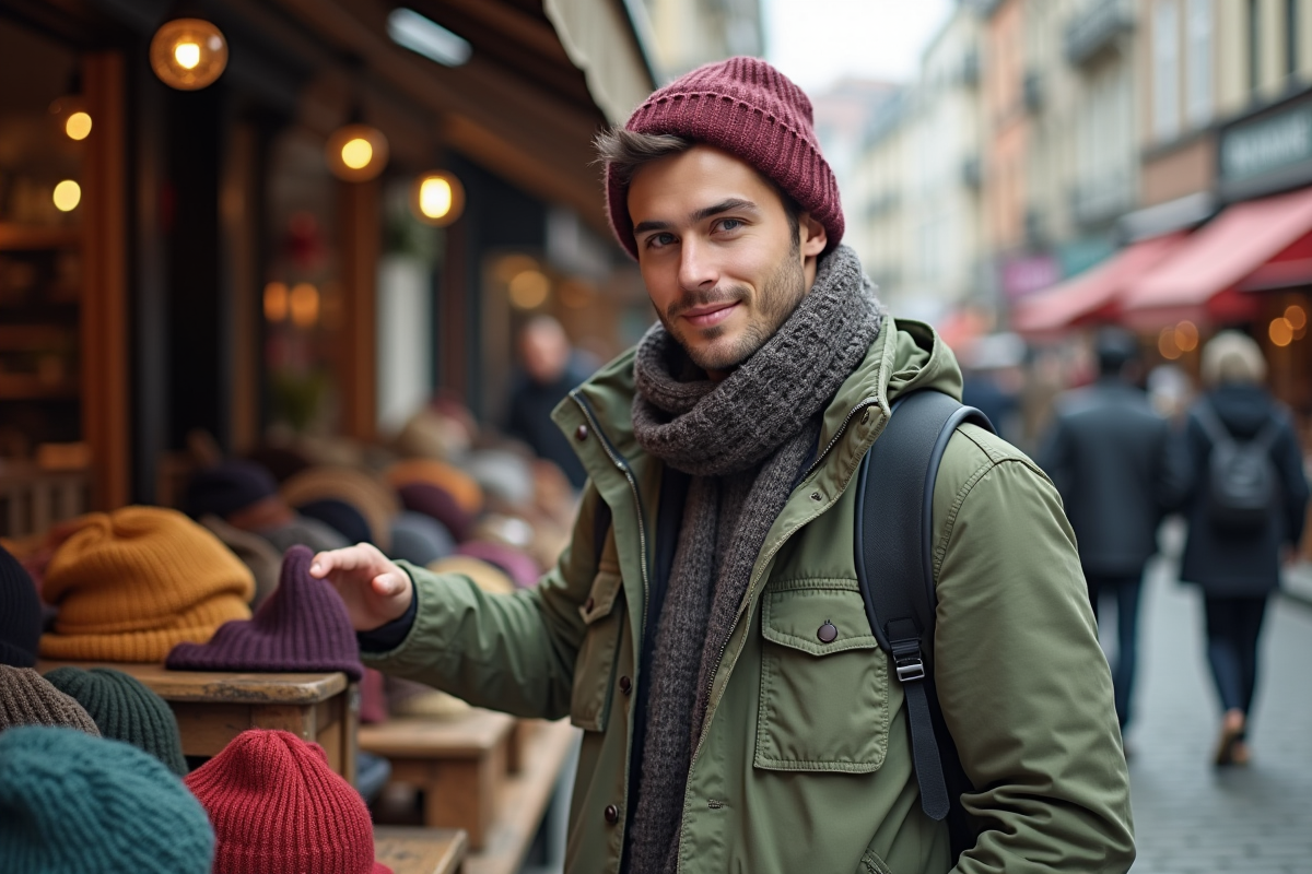 Jeune homme essayant différents bonnets en marché urbain