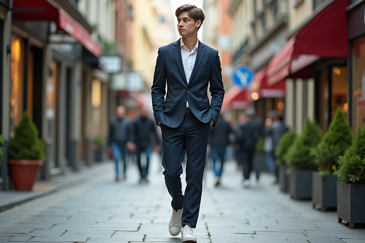 Jeune homme en costume décontracté marche en ville