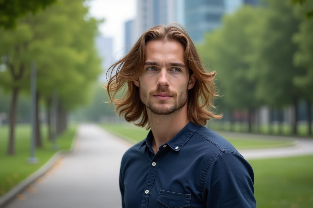 Jeune homme aux cheveux longs dans un parc urbain