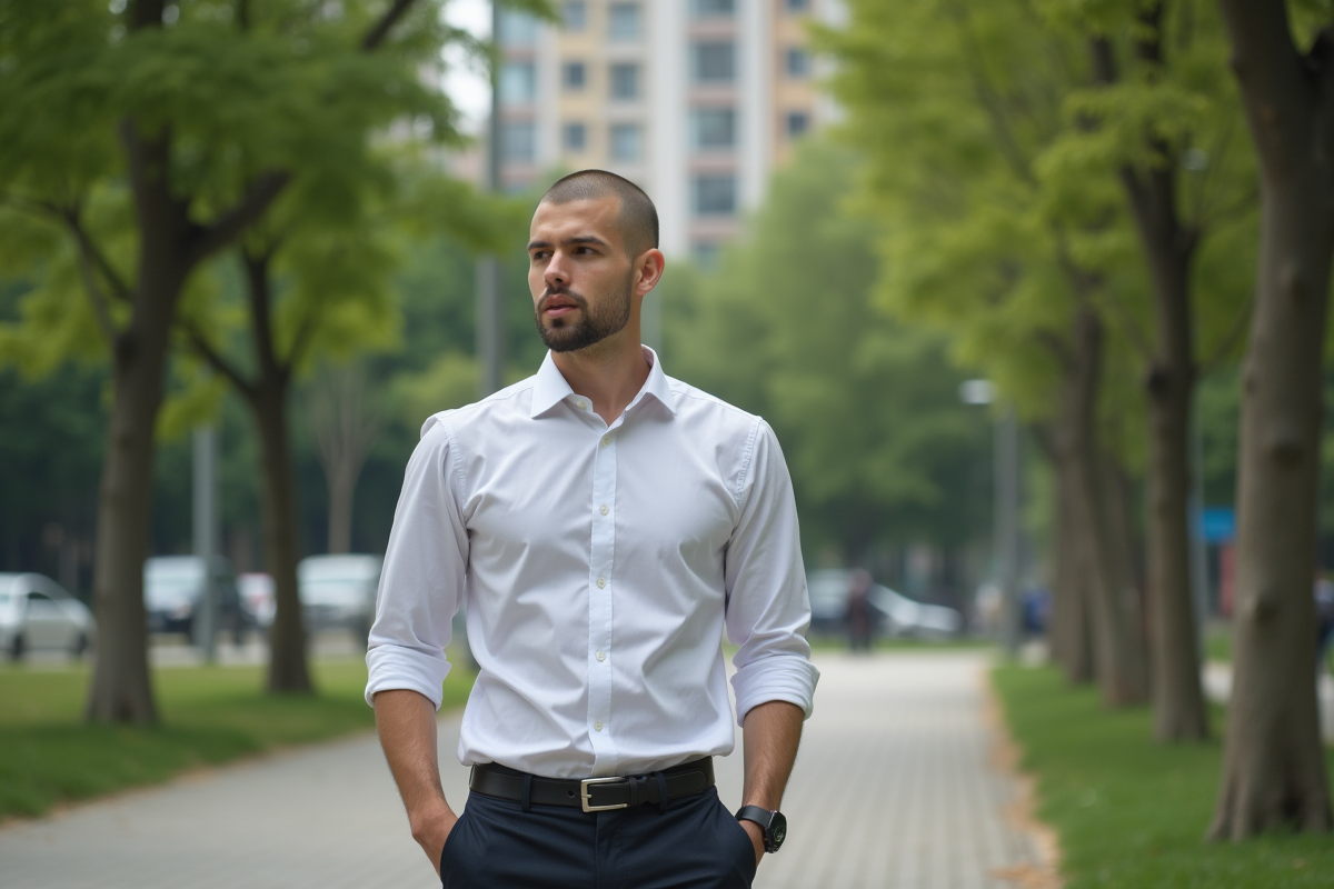 Jeune homme tête rasée marchant dans un parc urbain