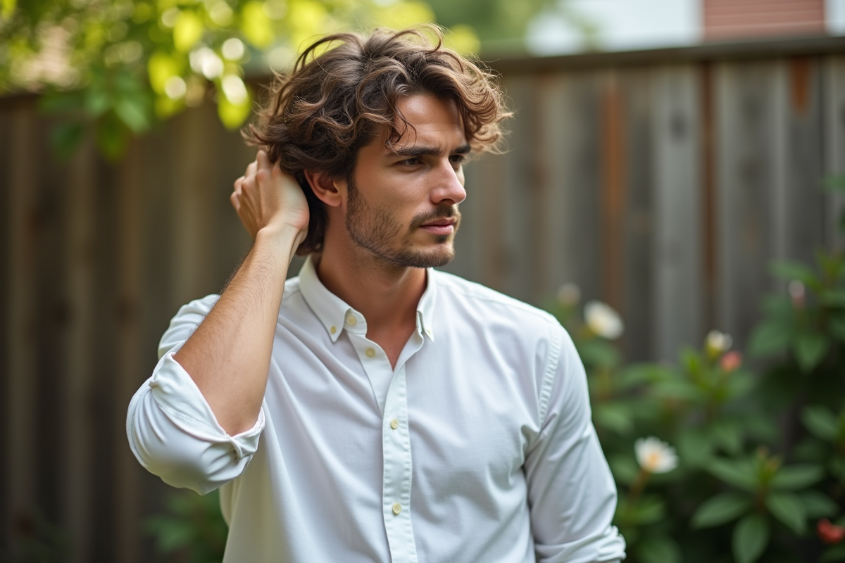 Jeune homme appliquant du conditionneur dans un jardin