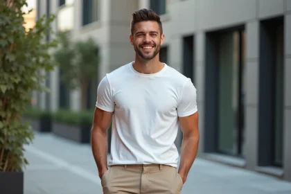 Jeune homme souriant en ville avec style et élégance