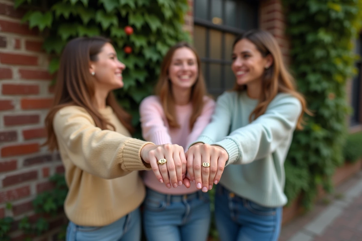 Trois jeunes femmes montrent leurs bagues d