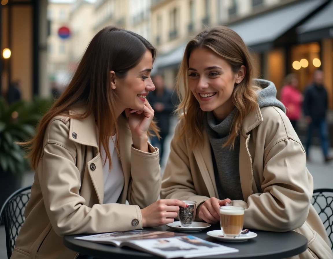 Deux jeunes adultes parisiens comparant leurs achats de marques de luxe en terrasse de café à Paris