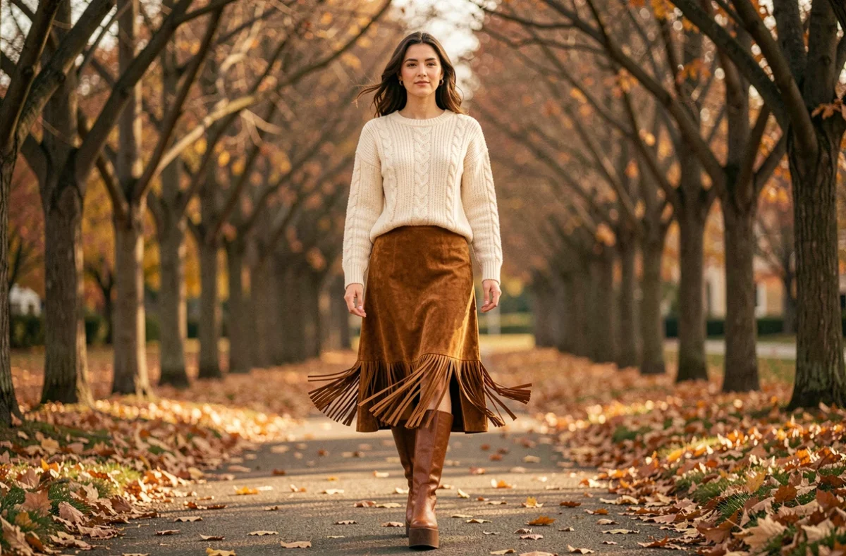 Femme en jupe midi en daim cognac avec franges et bottes en cuir marron dans un parc aux feuilles d'automne