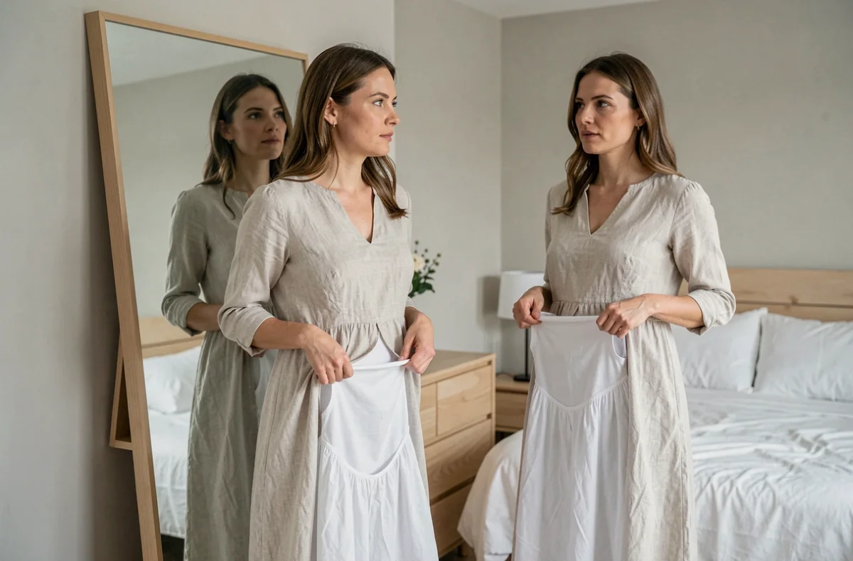 Femme dans une chambre minimaliste soulevant sa robe en lin pour montrer un jupon blanc en dessous devant un miroir