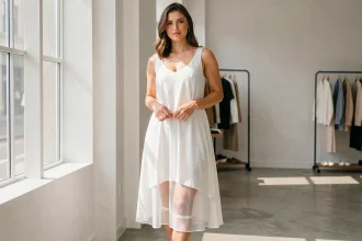 Femme portant une robe blanche légère avec un jupon blanc dessous, visible en transparence près d'une fenêtre en boutique