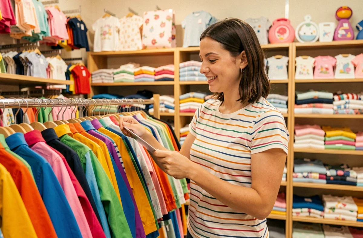 Intérieur du magasin Kid'Store avec des rayons de vêtements enfants colorés et une cliente en train de choisir des articles