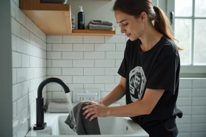 Jeune femme lavant à la main un t-shirt noir avec imprimé graphique dans un évier en céramique blanche