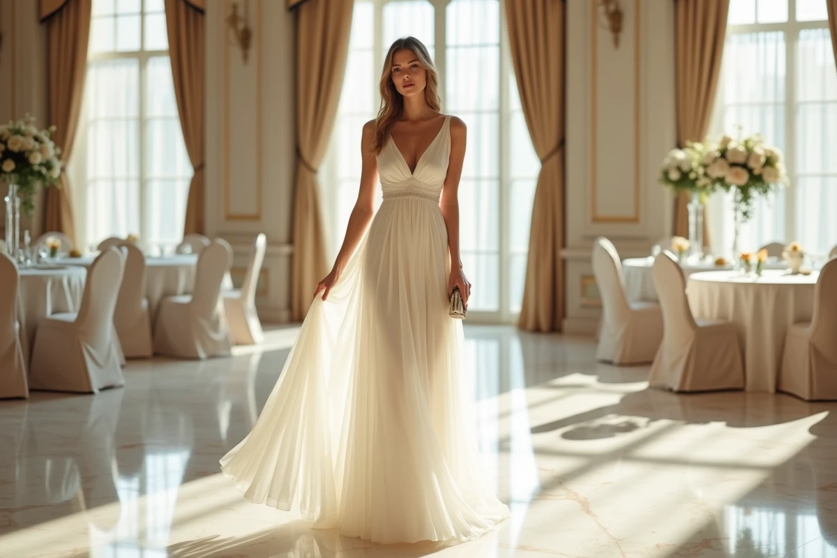 Femme en longue robe blanche en mousseline dans une salle de réception de mariage chic, dress code invitée