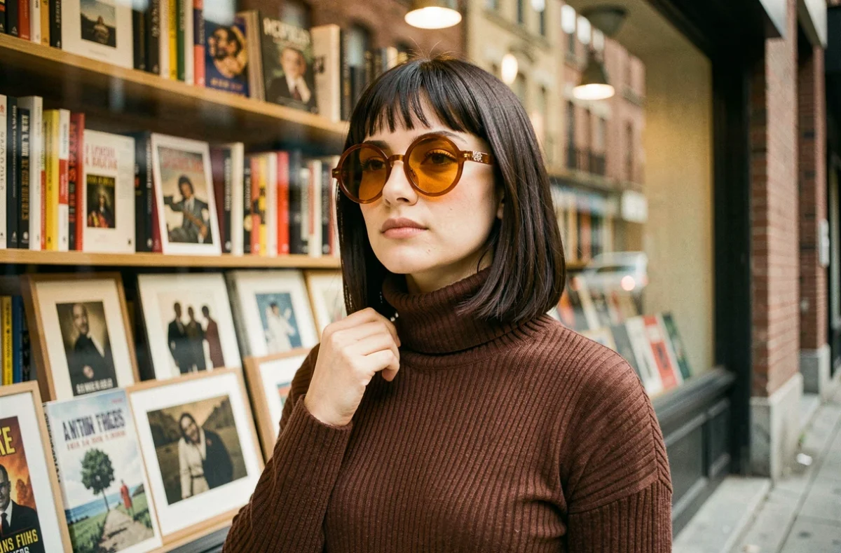 Femme portant des lunettes oversize teintées ambre et un col roulé marron chocolat devant une librairie vintage