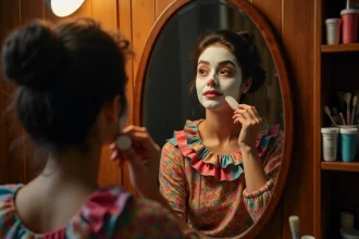 Femme se maquillant en clown de cirque devant un miroir de loge avec des produits de maquillage professionnels