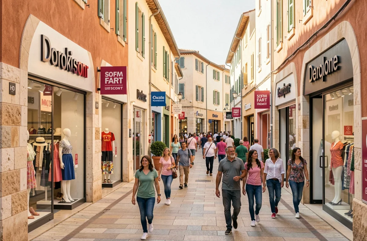 Vue panoramique d'un village outlet en Haute-Garonne avec des promeneurs et des enseignes de magasins d'usine