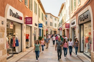 Vue panoramique d'un village outlet en Haute-Garonne avec des promeneurs et des enseignes de magasins d'usine