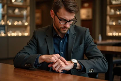 Homme examinant une montre vintage dans une boutique élégante