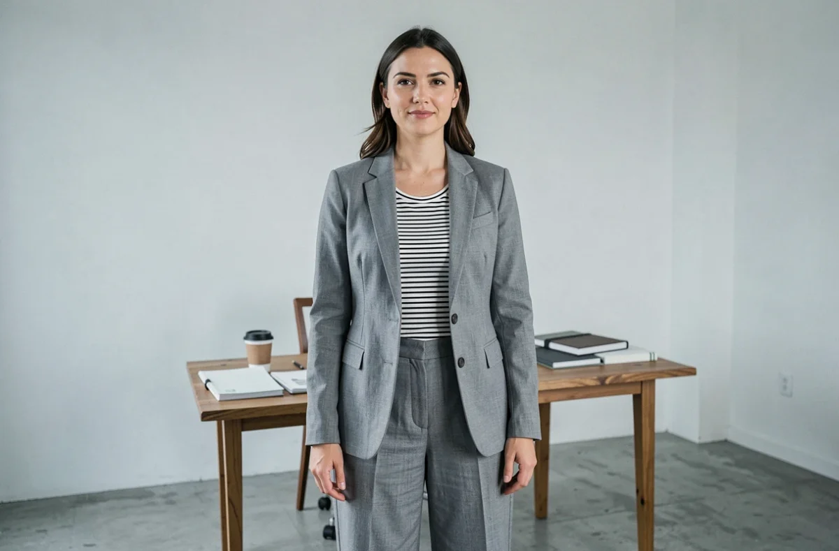 Femme avec une morphologie rectangulaire en tenue professionnelle dans un bureau minimaliste, exemple de style adapté à ce type de silhouette féminine