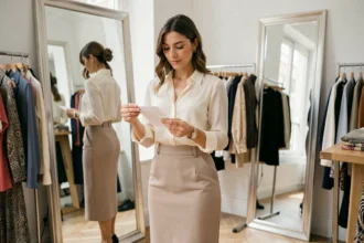 Femme à la morphologie en sablier essayant des vêtements dans une boutique parisienne, illustrant les conseils de style selon la morphologie