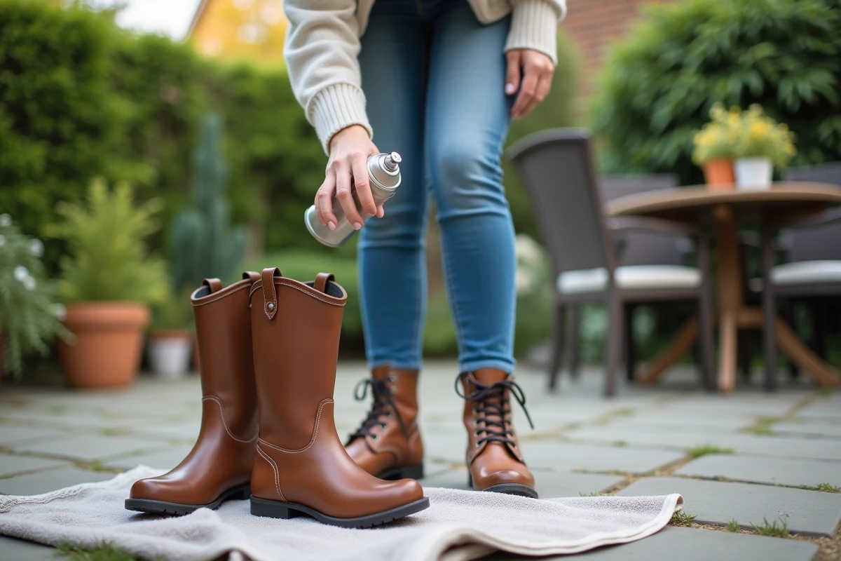 Jeune femme sprayant un imperméabilisant sur des bottes en cuir