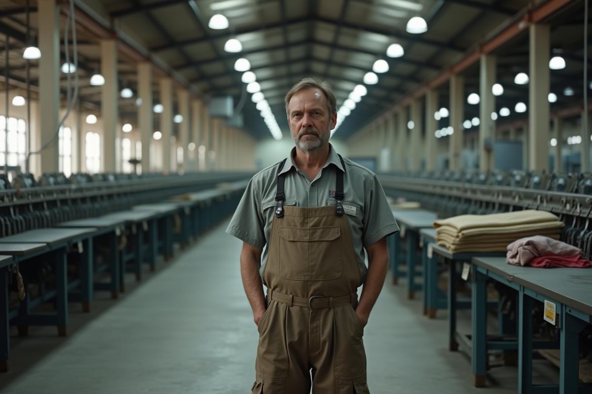 Ouvrier dans une usine textile avec machines et tissus