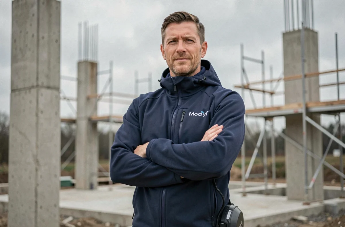 Ouvrier de chantier portant une veste softshell coupe-vent Modyf sur un site de construction extérieur