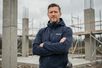 Ouvrier de chantier portant une veste softshell coupe-vent Modyf sur un site de construction extérieur