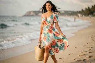 Femme portant un paréo robe à motifs tropicaux colorés sur une plage de sable fin, ambiance estivale décontractée