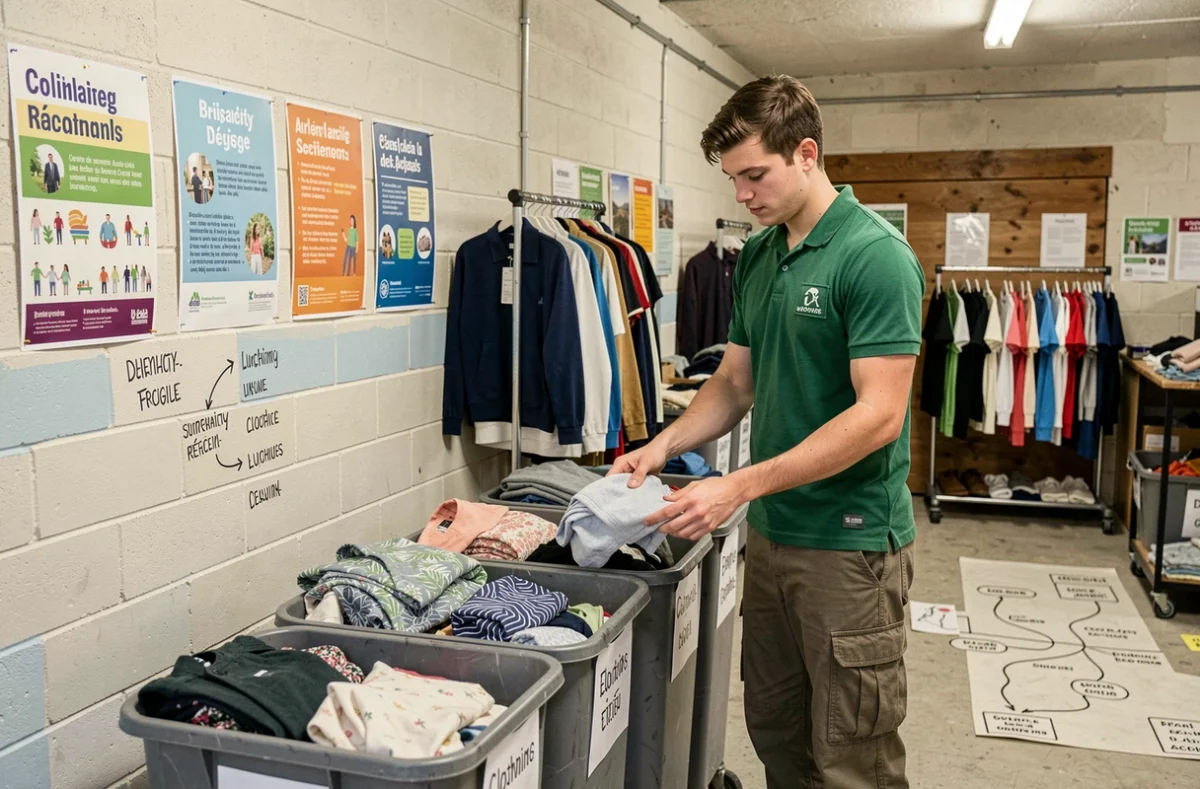 Jeune bénévole pliant des vêtements donnés dans des bacs étiquetés à la recyclerie solidaire Le Pied Allez Trier à Montignac-Lascaux