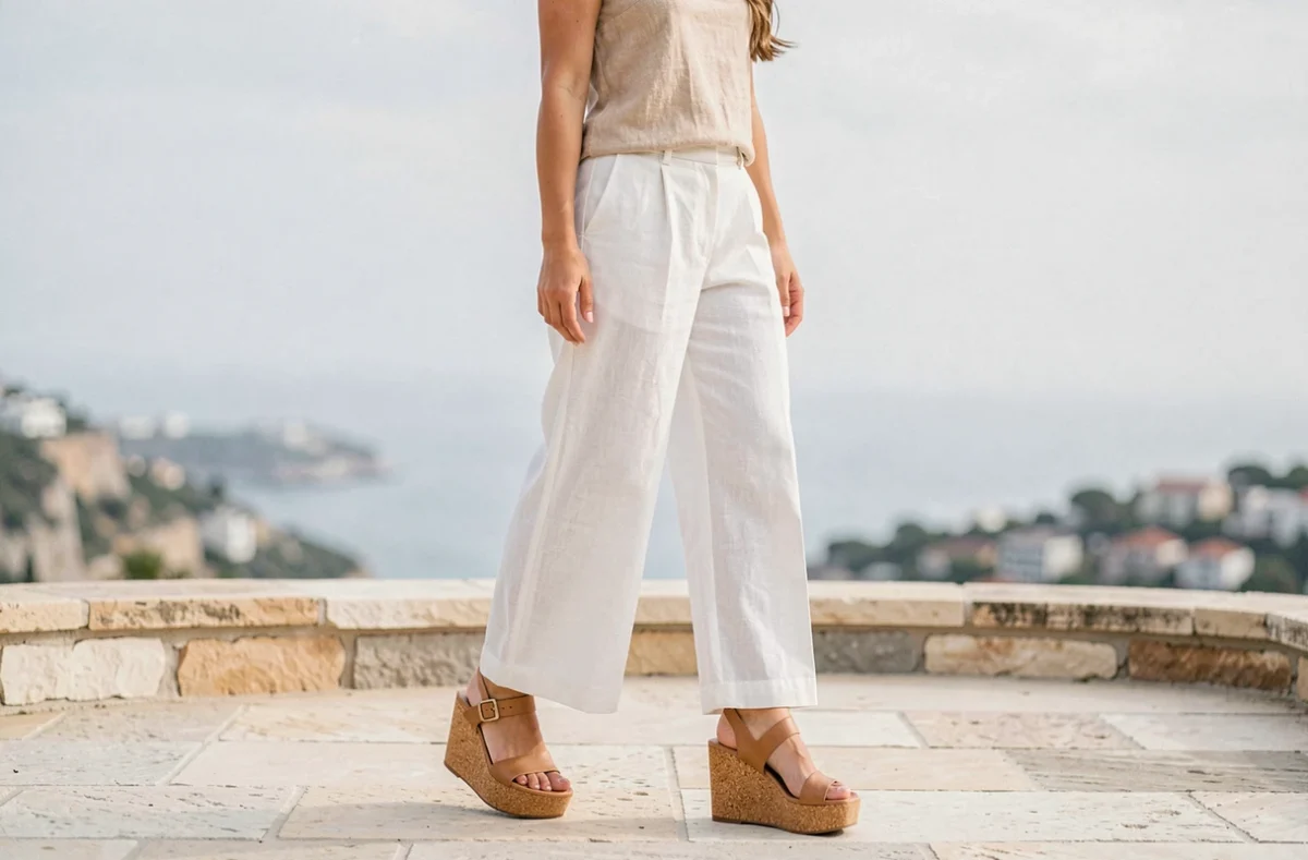 Femme portant des sandales compensées en liège avec une tenue minimaliste en lin blanc et beige sur une terrasse en pierre avec vue côtière