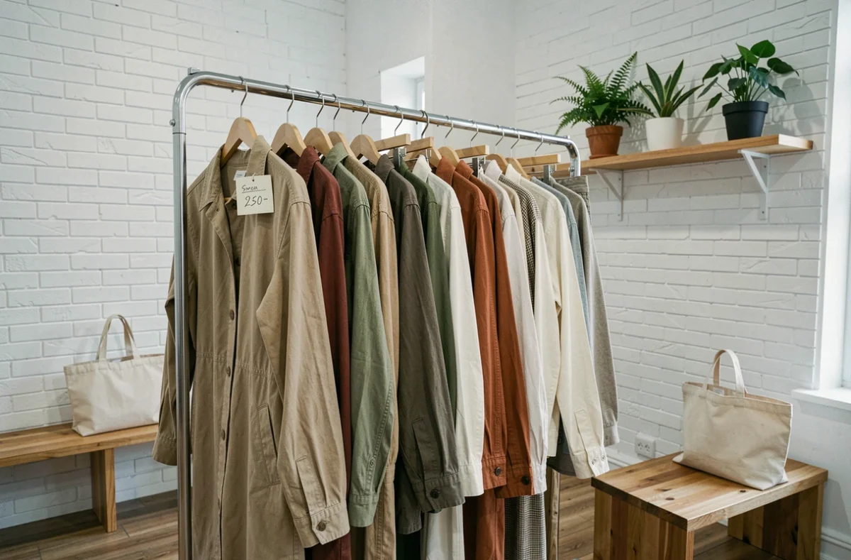 Portant vêtements de seconde main triés par couleurs neutres dans une boutique de revente écoresponsable