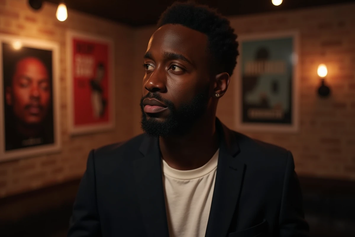 Portrait artistique en coulisses d'un rappeur français au regard introspectif dans une salle de concert