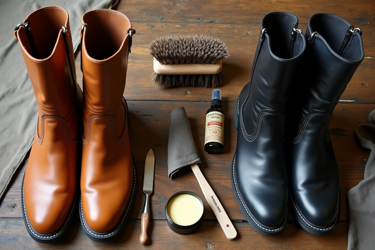 Vue à plat de bottes moto femme en cuir entourées de produits d'entretien sur une table en bois