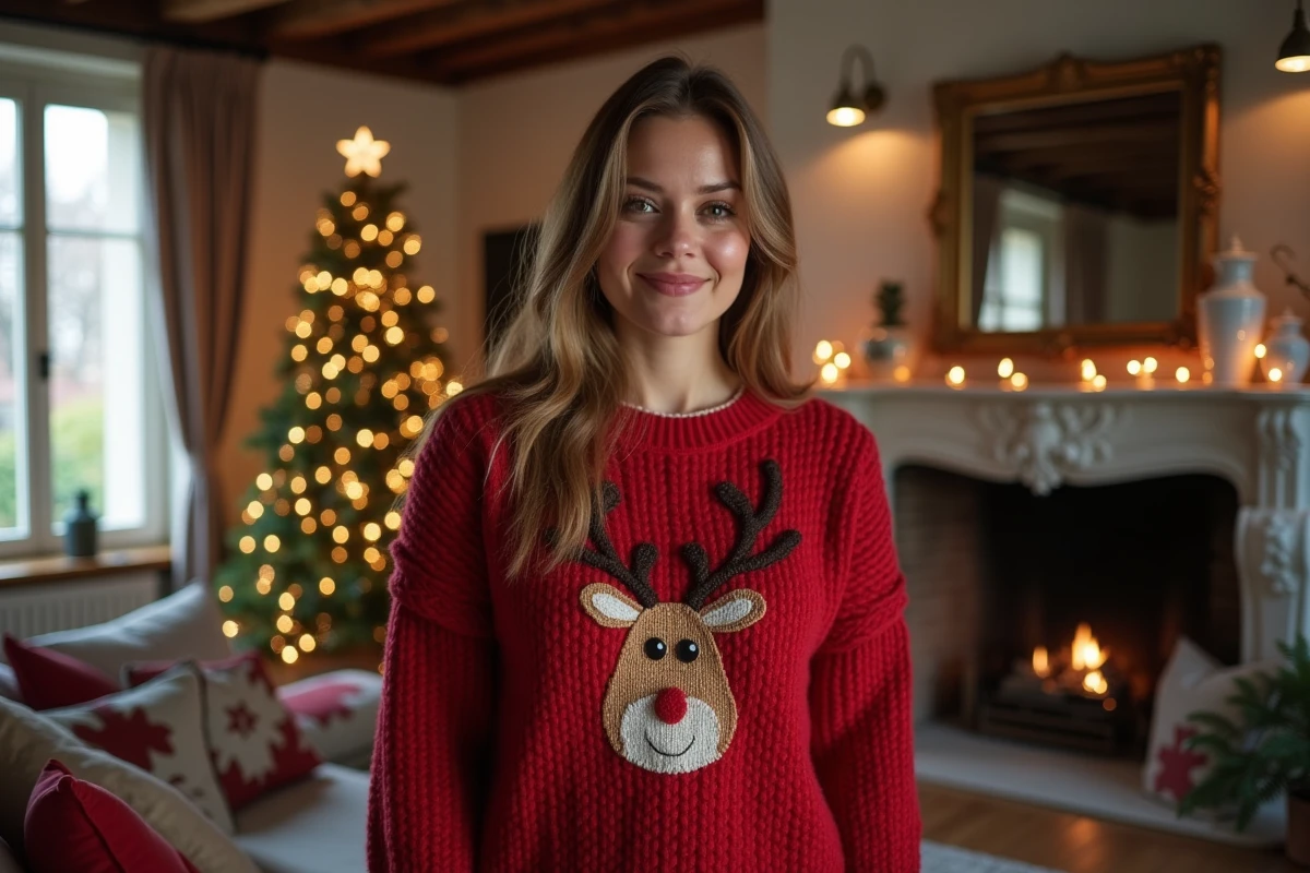 Femme portant un pull de Noël personnalisé en laine rouge avec broderie renne dans un appartement français décoré pour les fêtes