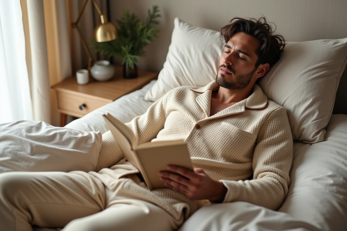 Jeune homme en pyjama pilou pilou beige à motif pied-de-poule allongé sur un lit en train de lire dans une chambre décorée avec discrétion pour Noël