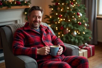 Homme en pyjama pilou pilou à carreaux tartan rouge et marine assis dans un fauteuil près d'un sapin de Noël décoré, tenant une tasse chaude dans une ambiance cosy de fêtes