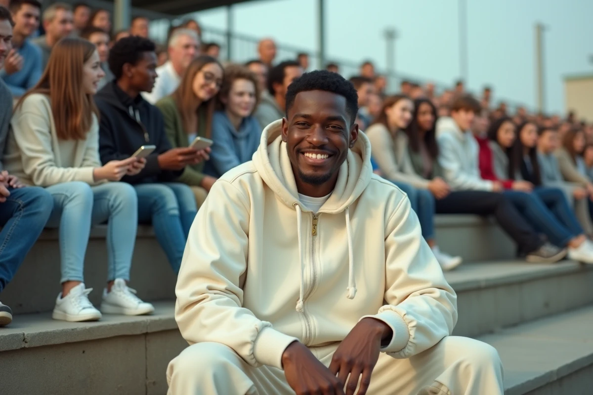 Jeune rappeur français entouré de fans admiratifs dans un cadre de banlieue parisienne authentique