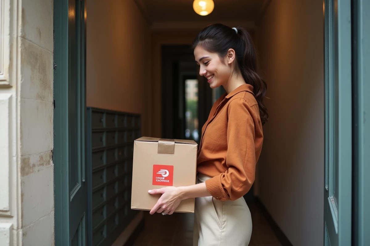 Jeune femme réceptionnant un colis de vêtements La Poste devant la porte de son immeuble parisien