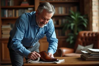 Homme en chemise bleue polissant une chaussure en cuir