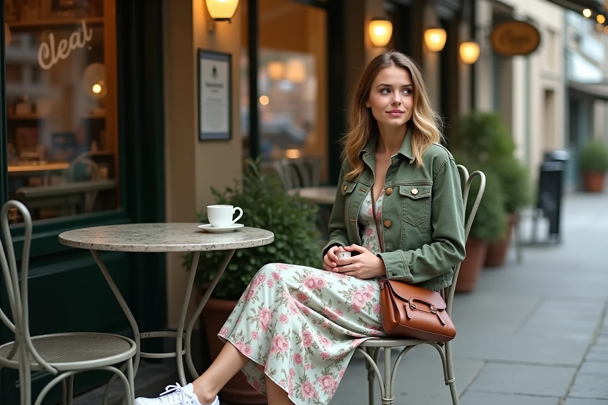 Femme en robe évasée fleurie sage et blush avec une veste en jean oversize, assise en terrasse de café parisien tenant un café