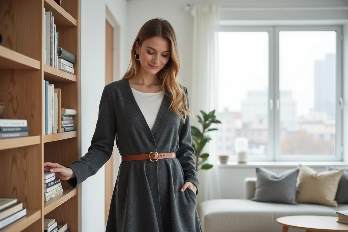 Femme portant une robe évasée grise en laine ceinturée sur une chemise blanche à manches longues dans un appartement scandinave minimaliste